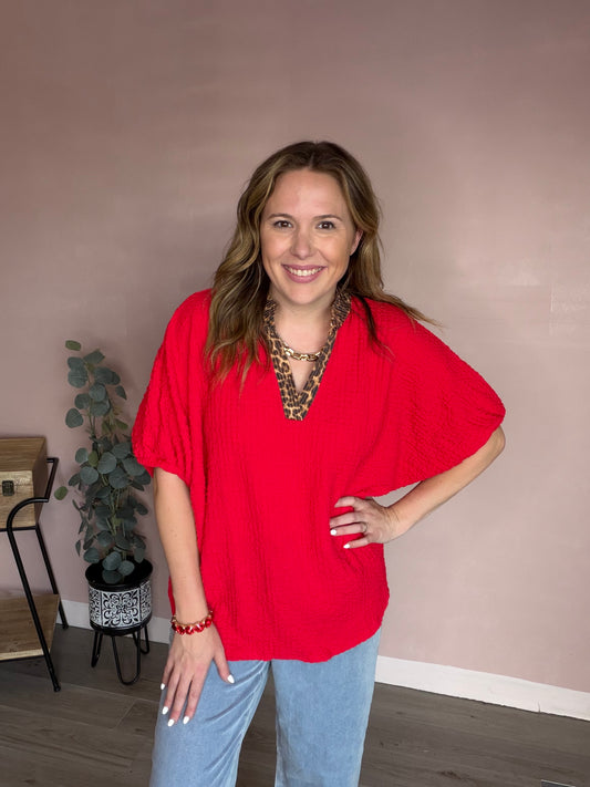 Cougar Red Leopard Trim Oversized Blouse