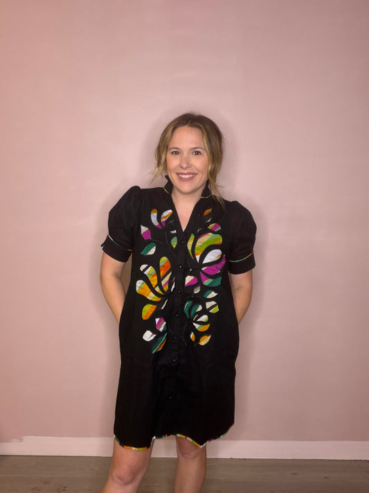 Black Colorful Embroidered Applique Button Dress