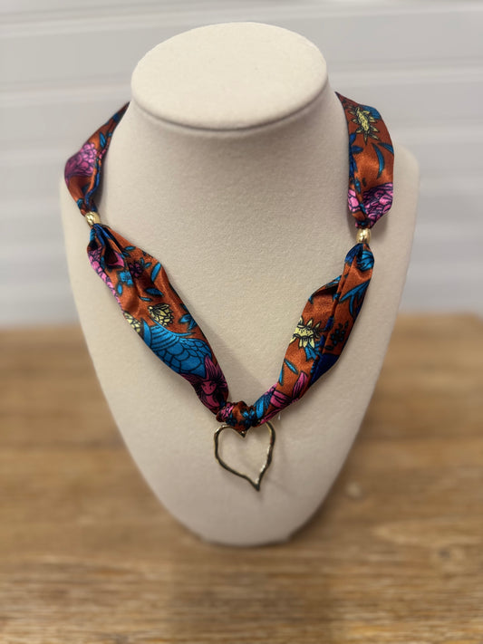 Boho Satin Scarf Necklace – Hammered Heart Charm (Rust Floral Mix)
