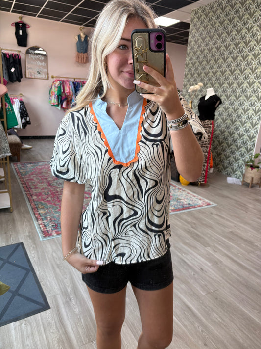 Zebra Swirl Puff Sleeve Top