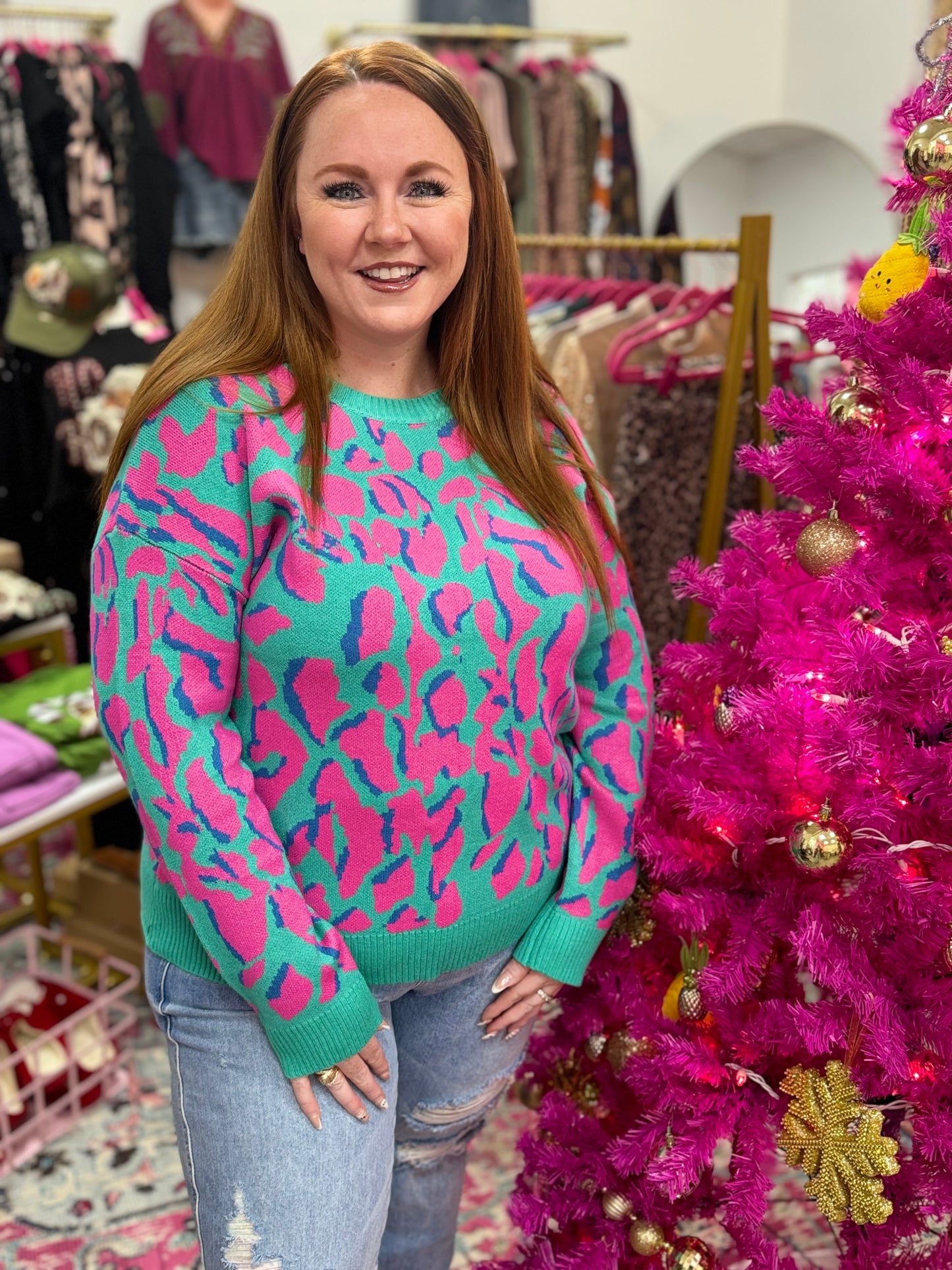 Green and pink leopard sweater