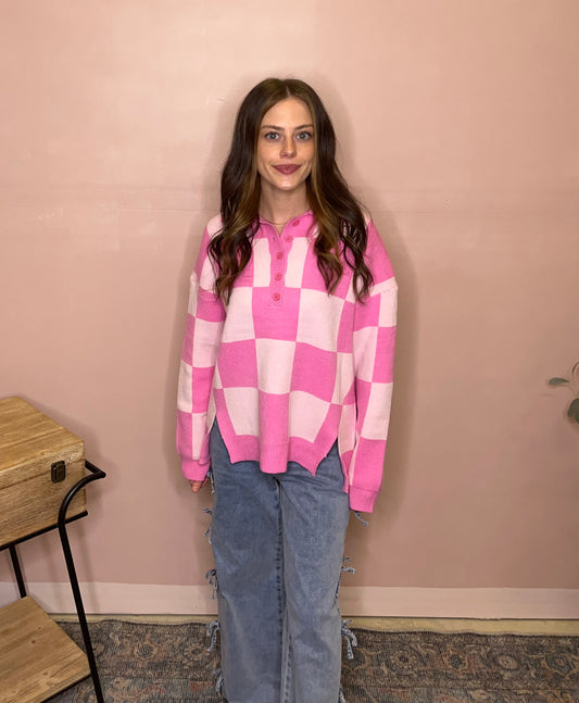 Pink Checkered Collar Sweater