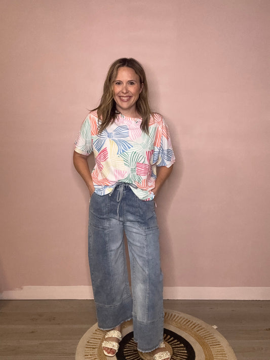 Southern Pineapple Drawstring Wide Leg Jeans