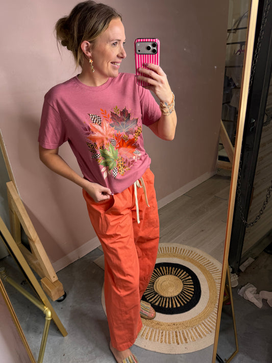 Fall Leaves Graphic Tee – Pink Autumn Leaf T-Shirt