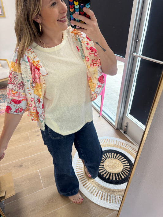 Beige Floral Sleeve Flowy Top