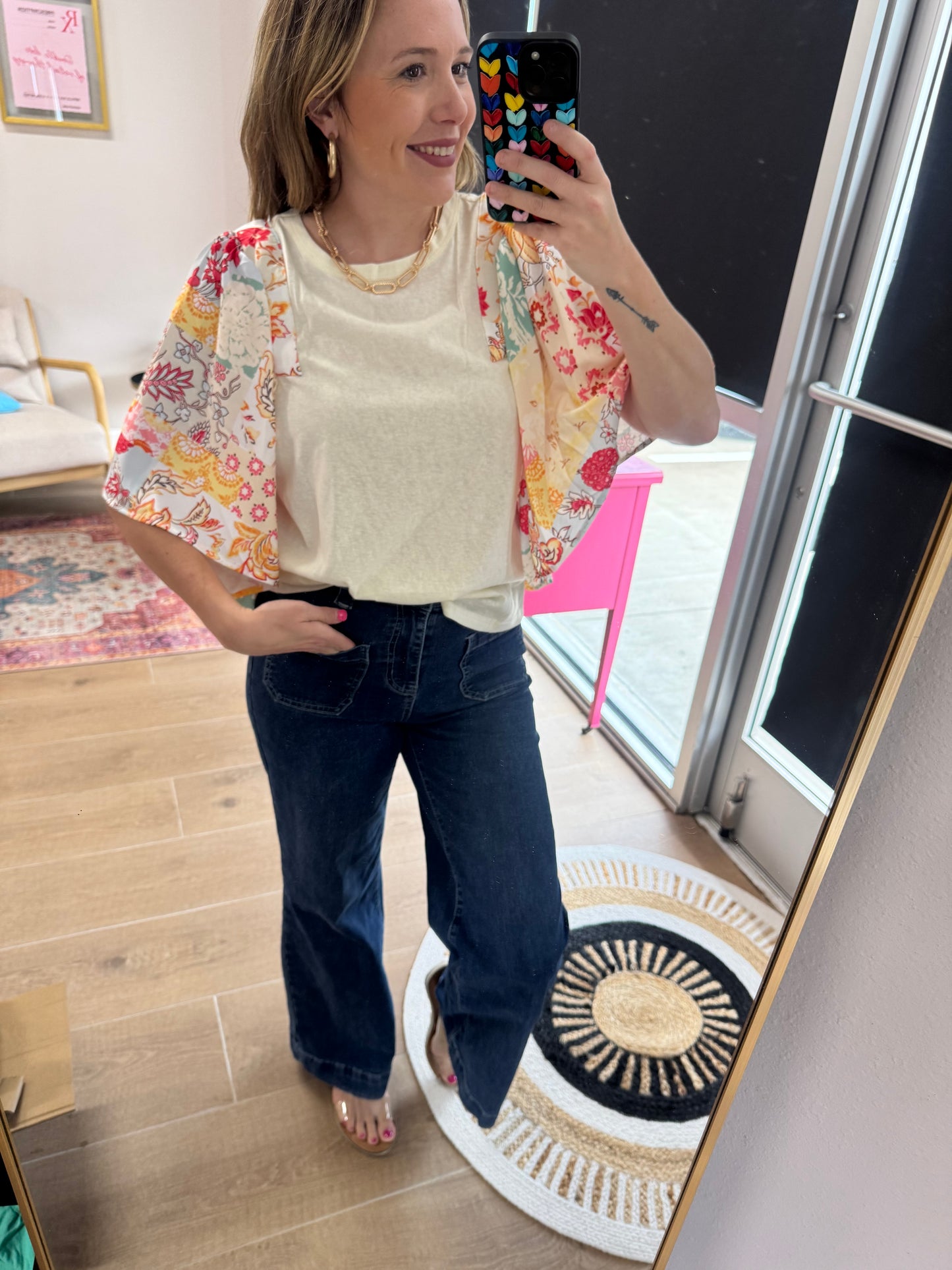 Beige Floral Sleeve Flowy Top