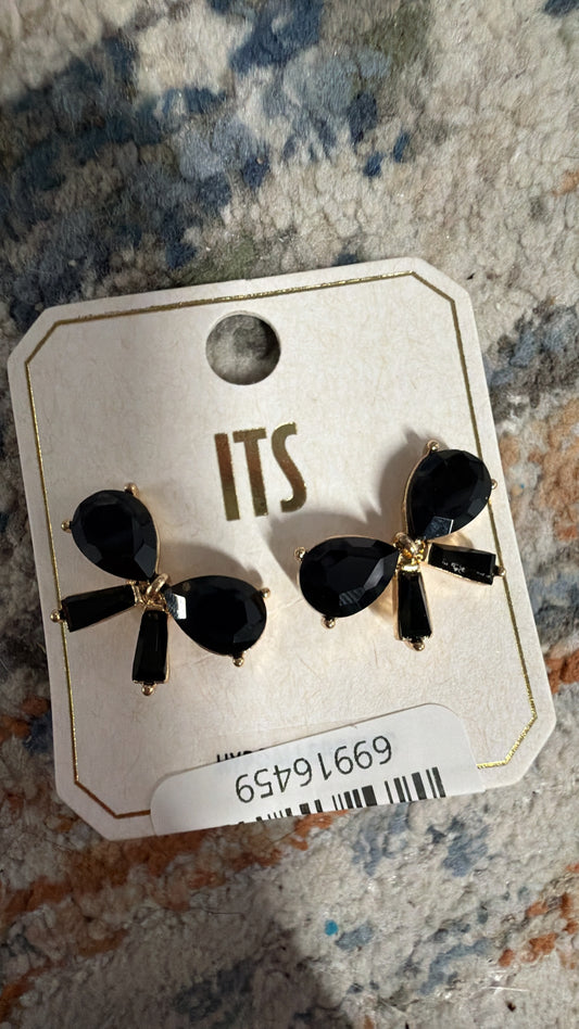 Black Bow Statement Earrings - Gold Tone Accent Earrings