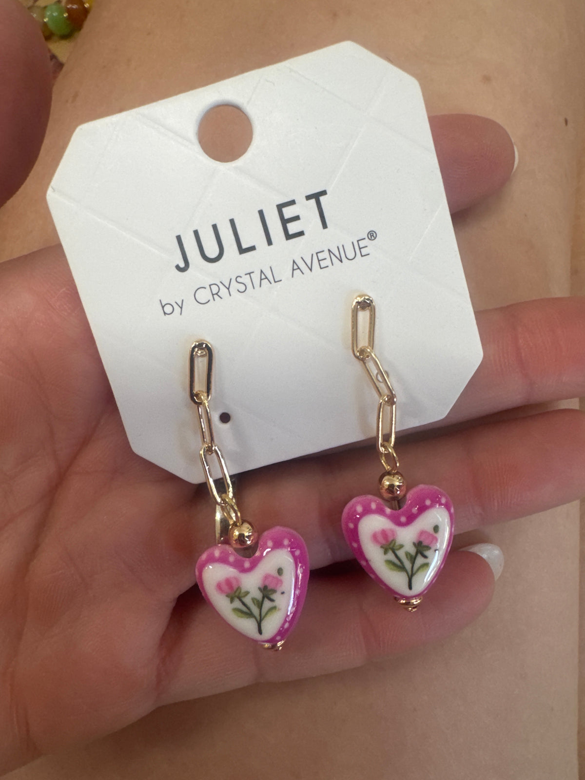 Pink Floral Heart Dangle Earrings