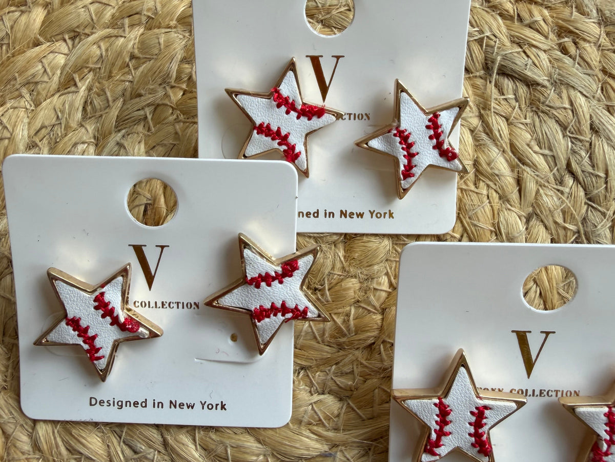 Leather Baseball Star Stud Earrings