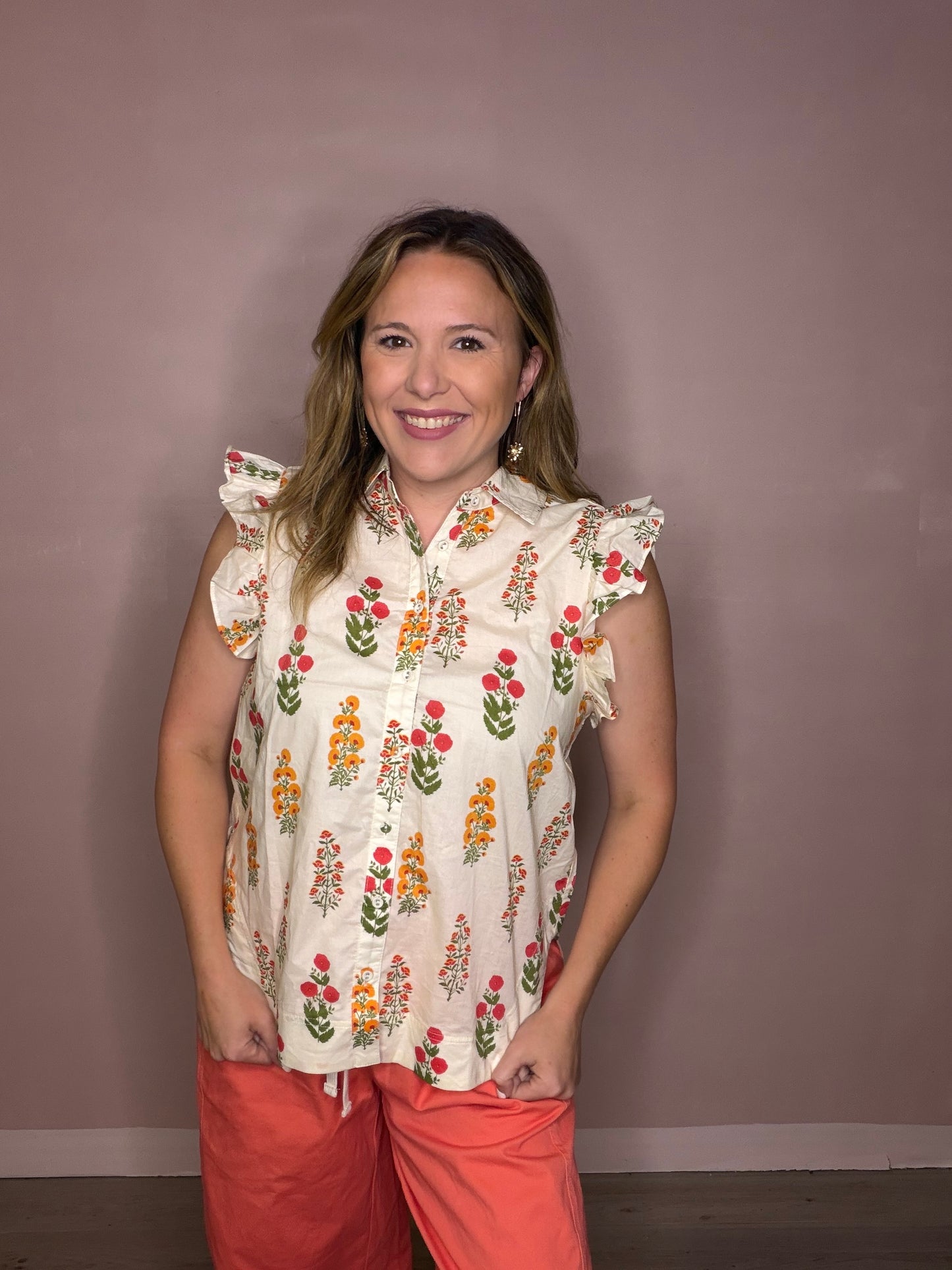 Ivory Floral Ruffle Sleeve Button Up Blouse