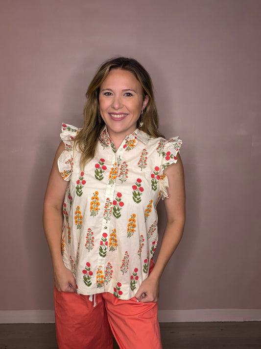 Ivory Floral Ruffle Sleeve Button Up Blouse