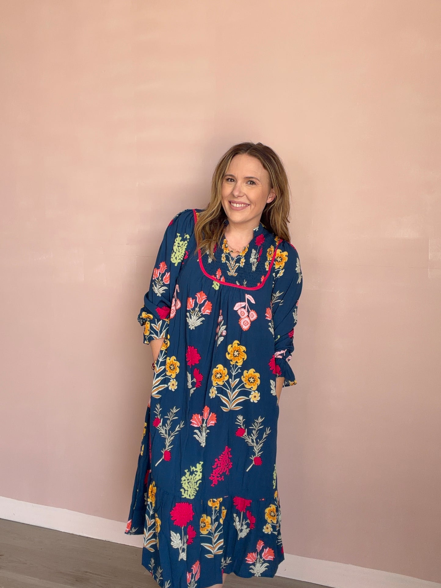 Navy Fall Floral Midi Dress