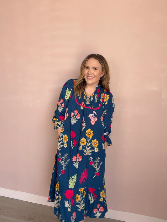 Navy Fall Floral Midi Dress