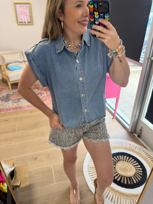 Sleeveless Denim Button Up Top