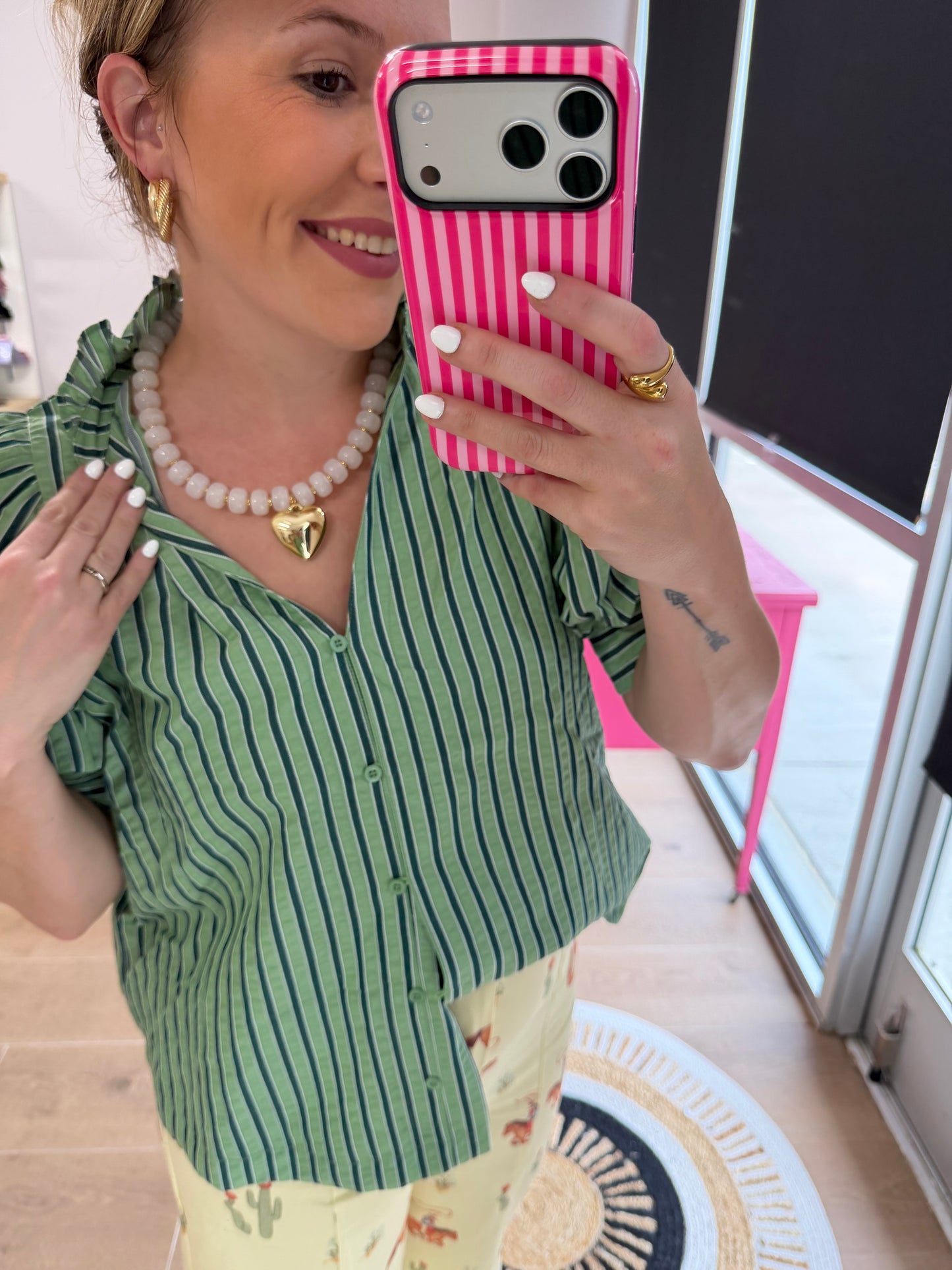 Green Striped Puff Sleeve Button-Down Blouse