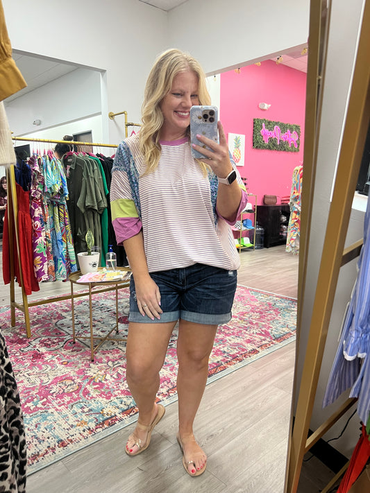 Purple Striped Patchwork Oversized Top