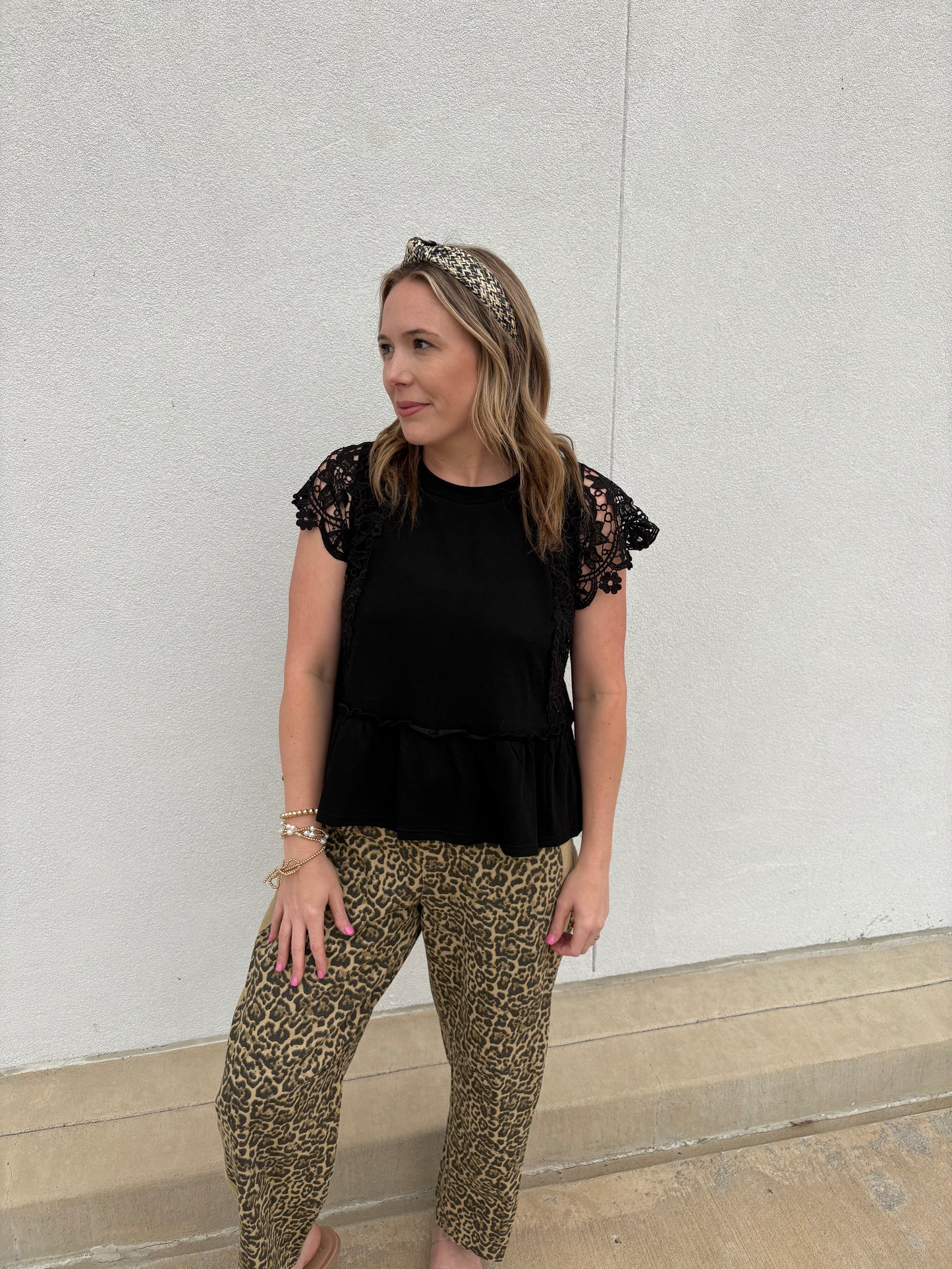 Luxe Lace Babe Top – Black Crochet Sleeve