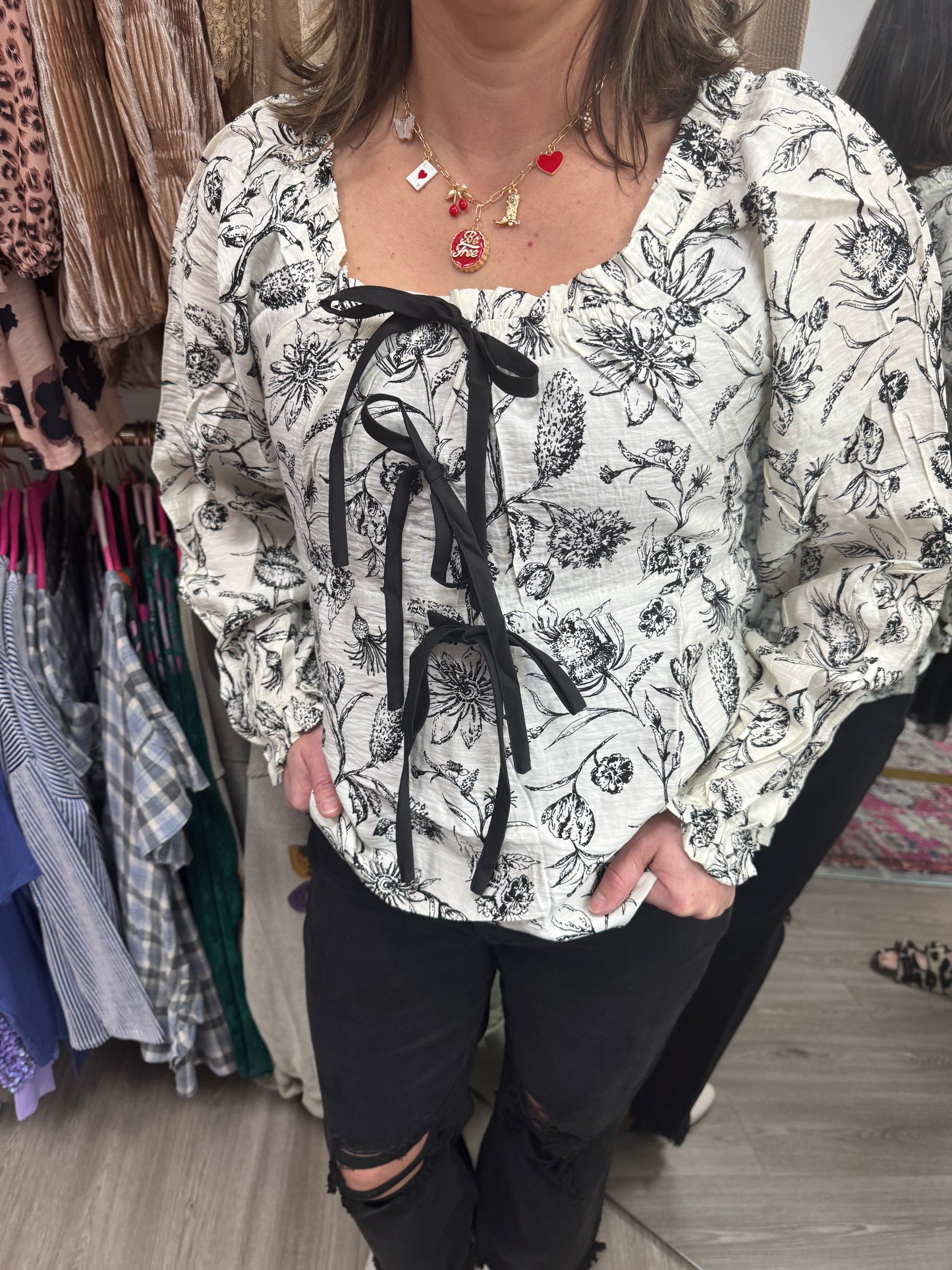 Black and White Floral Bow Blouse