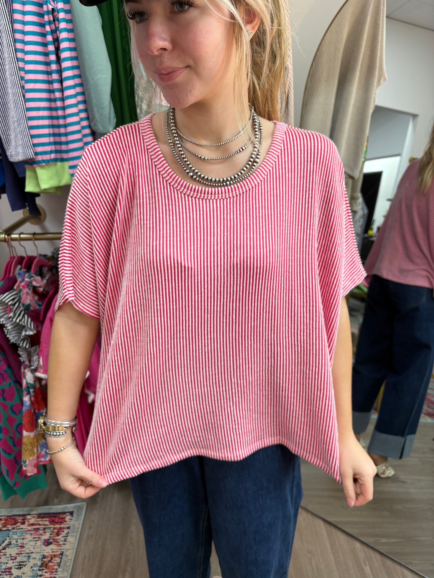 The Sutton Ribbed Blouse-Hot Pink