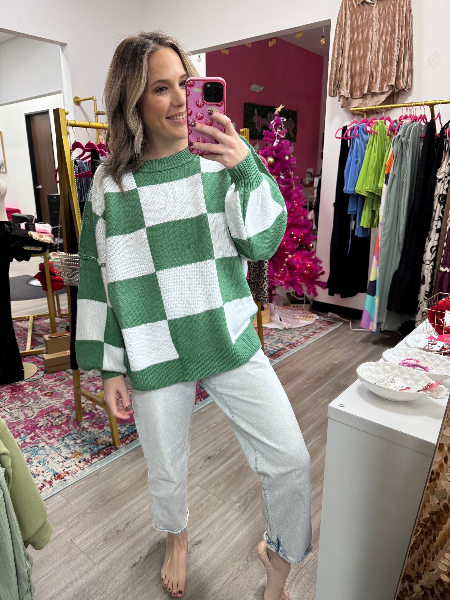 Green checkered sweater