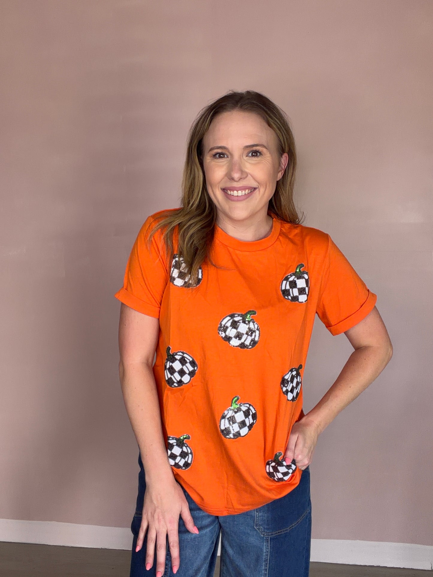 Orange Sequin Checkered Pumpkin Tee