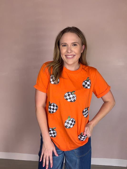Orange Sequin Checkered Pumpkin Tee