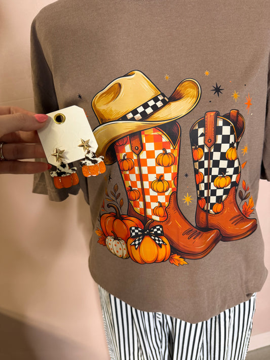 Western Pumpkin Cowboy Boots Fall Graphic Tee
