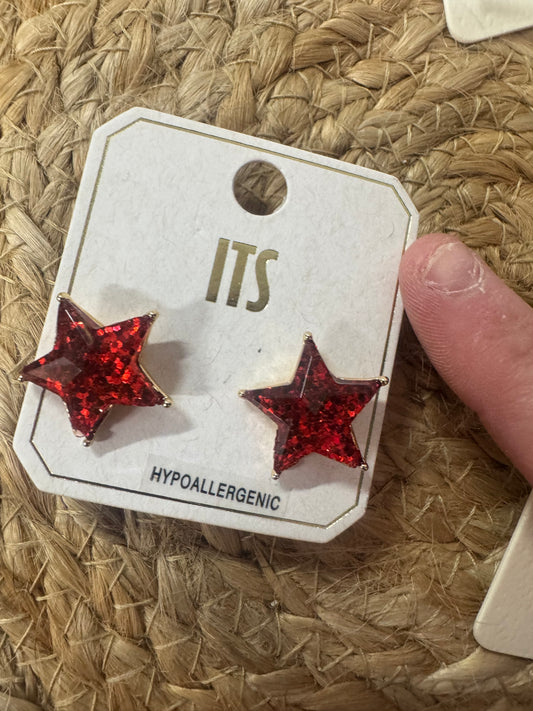 Red Glitter Star Stud Earrings