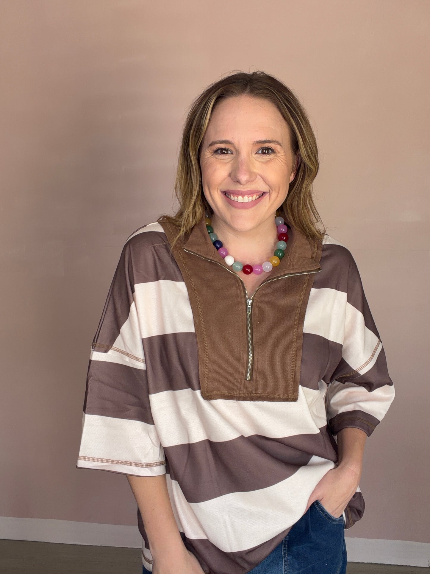 Brown Stripe Quarter Zip Oversized Top