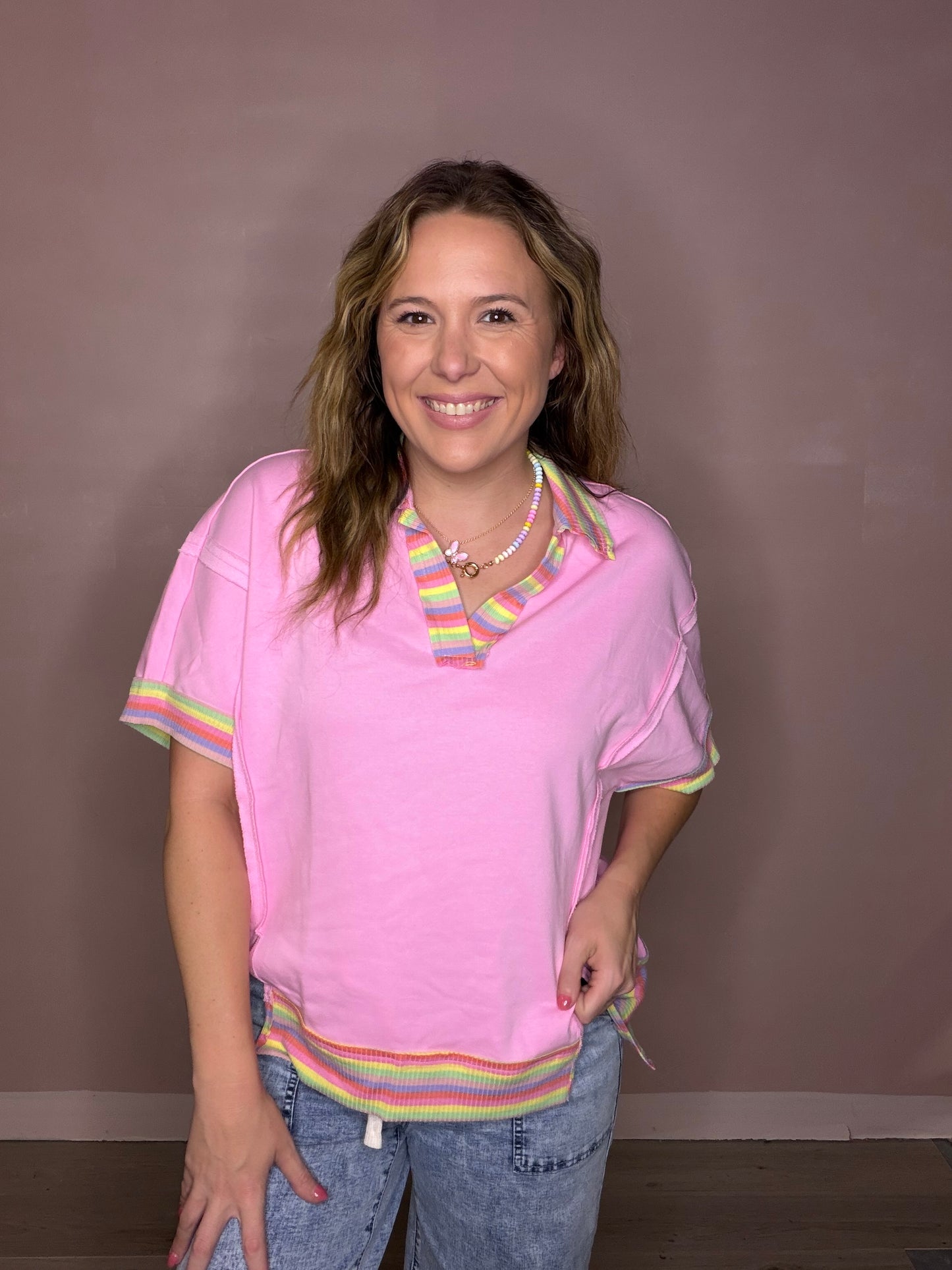 Women's Pink Rainbow Trim Oversized Cotton Shirt | Teacher Boutique Top