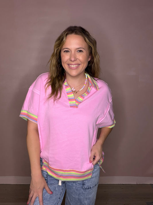 Women's Pink Rainbow Trim Oversized Cotton Shirt | Teacher Boutique Top