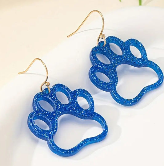 Blue Glitter Paw Print Earrings