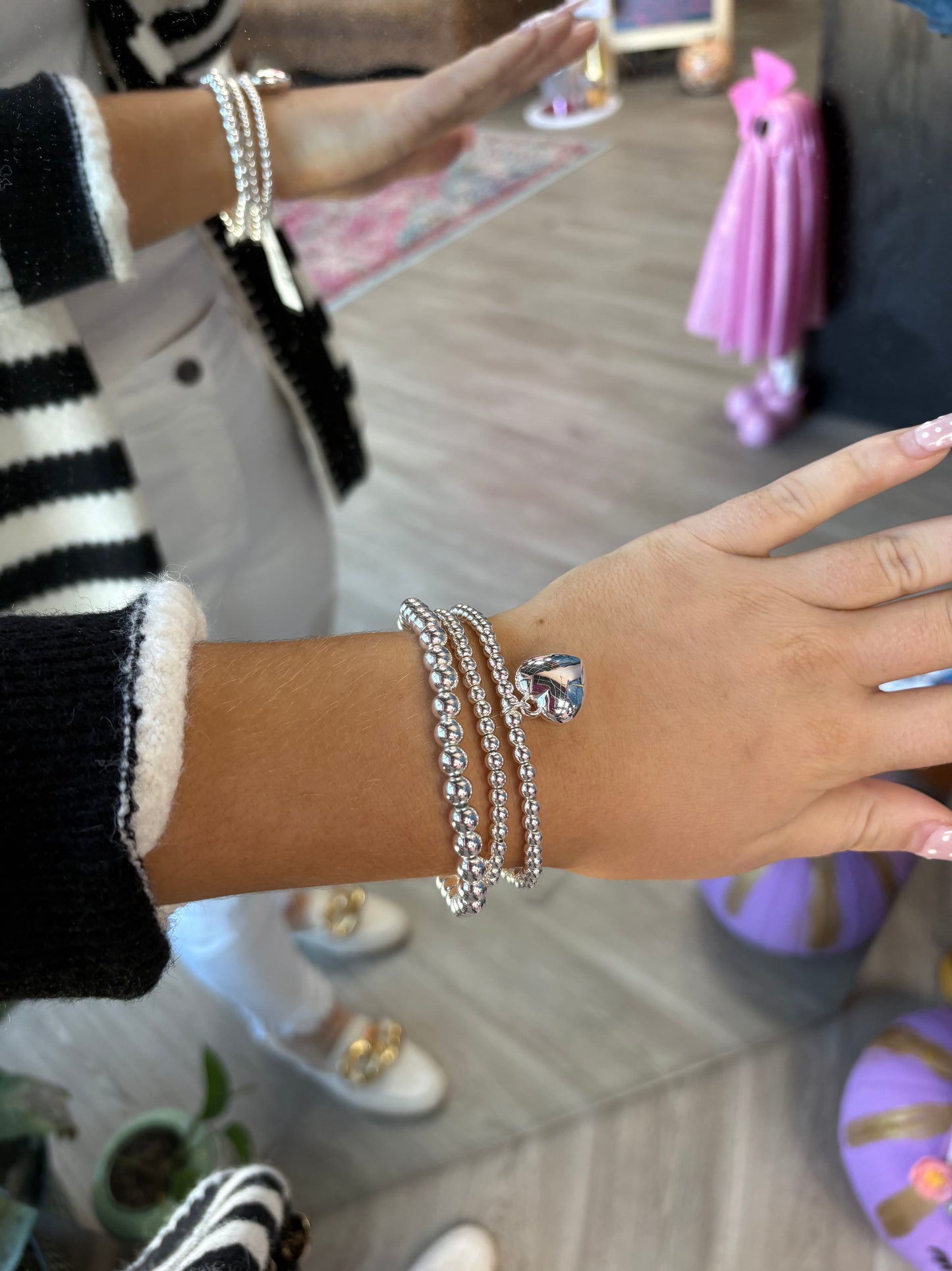 Silver Puff Heart Bracelet Stack (Set)