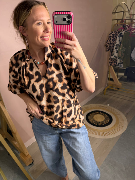 Leopard Print Flowy Short Sleeve Blouse
