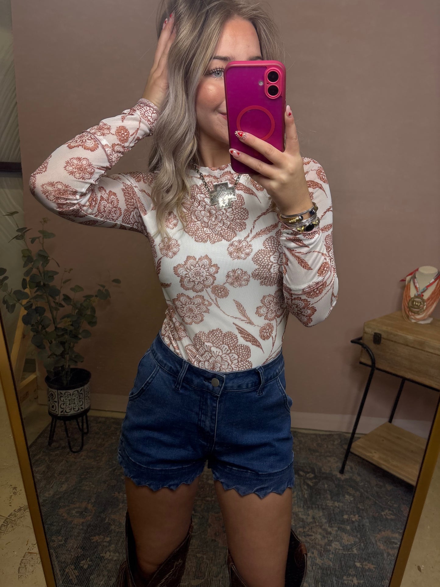Desert Rose Brown Mesh Long Sleeve Top