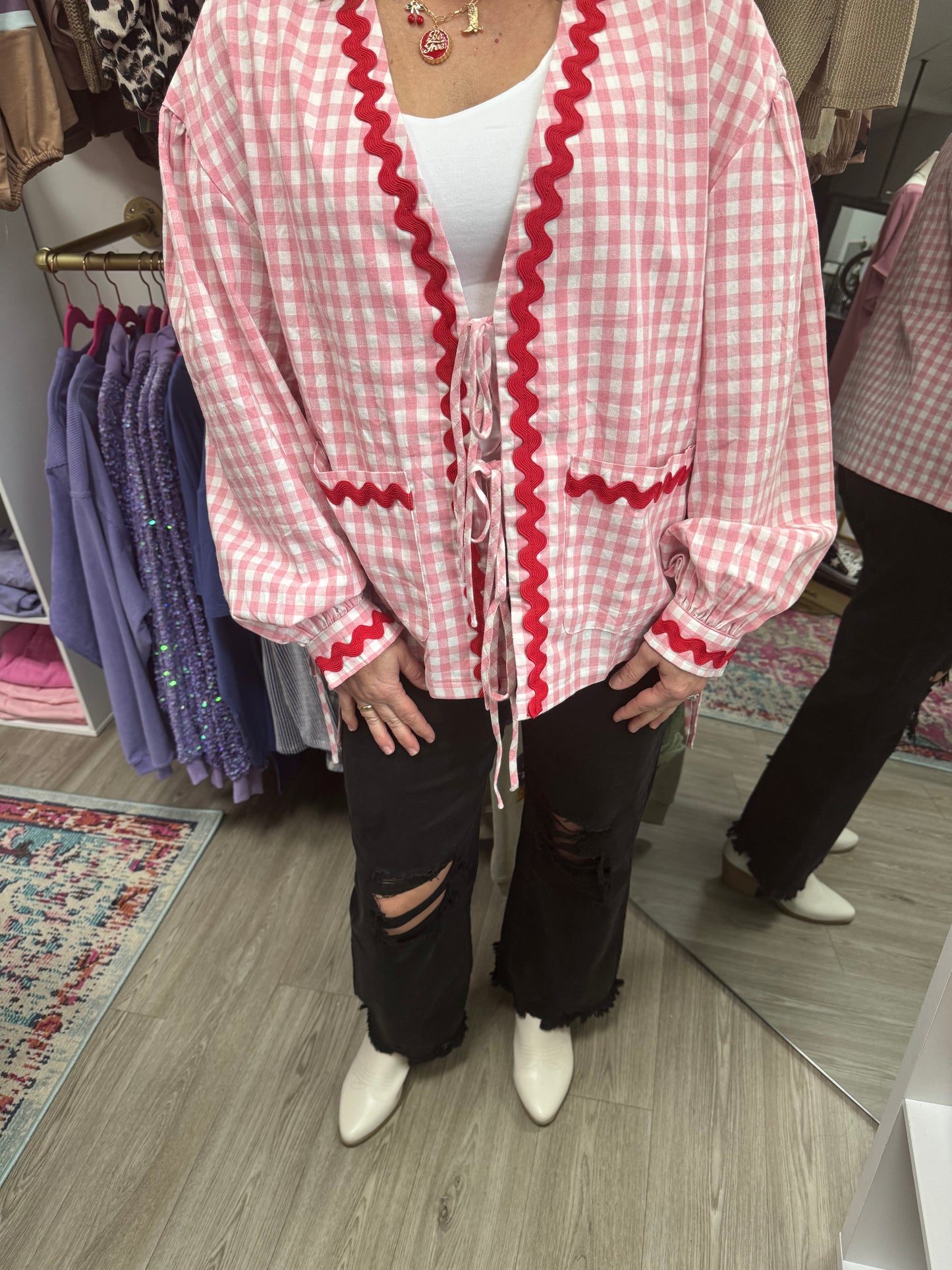 Pink & Red Checkered Front Tie Blouse