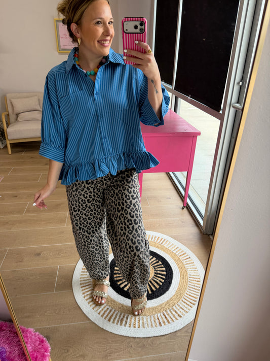 Blue Striped Ruffle Hem Button-Down Blouse