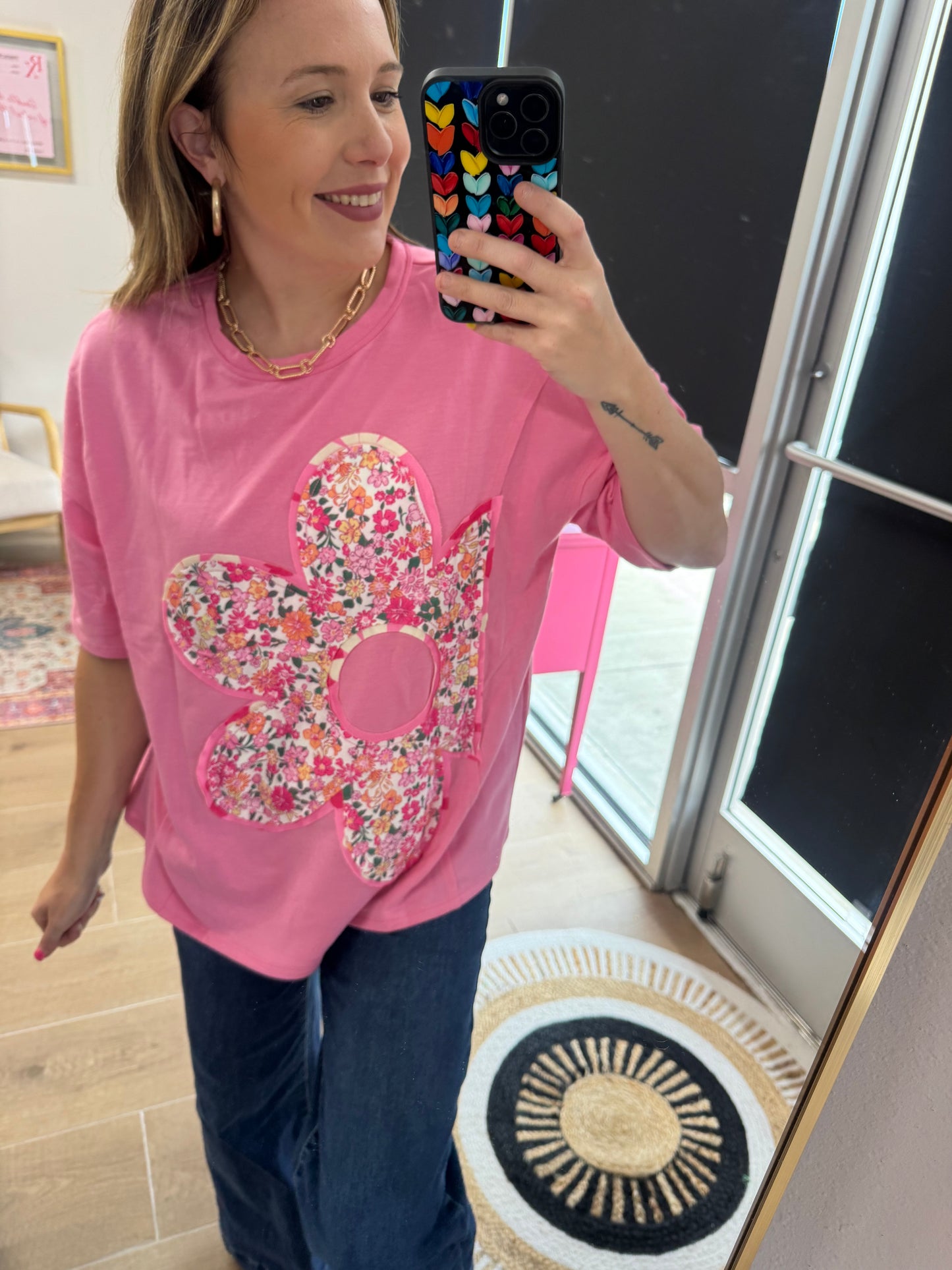 Pink Floral Appliqué Oversized Tee