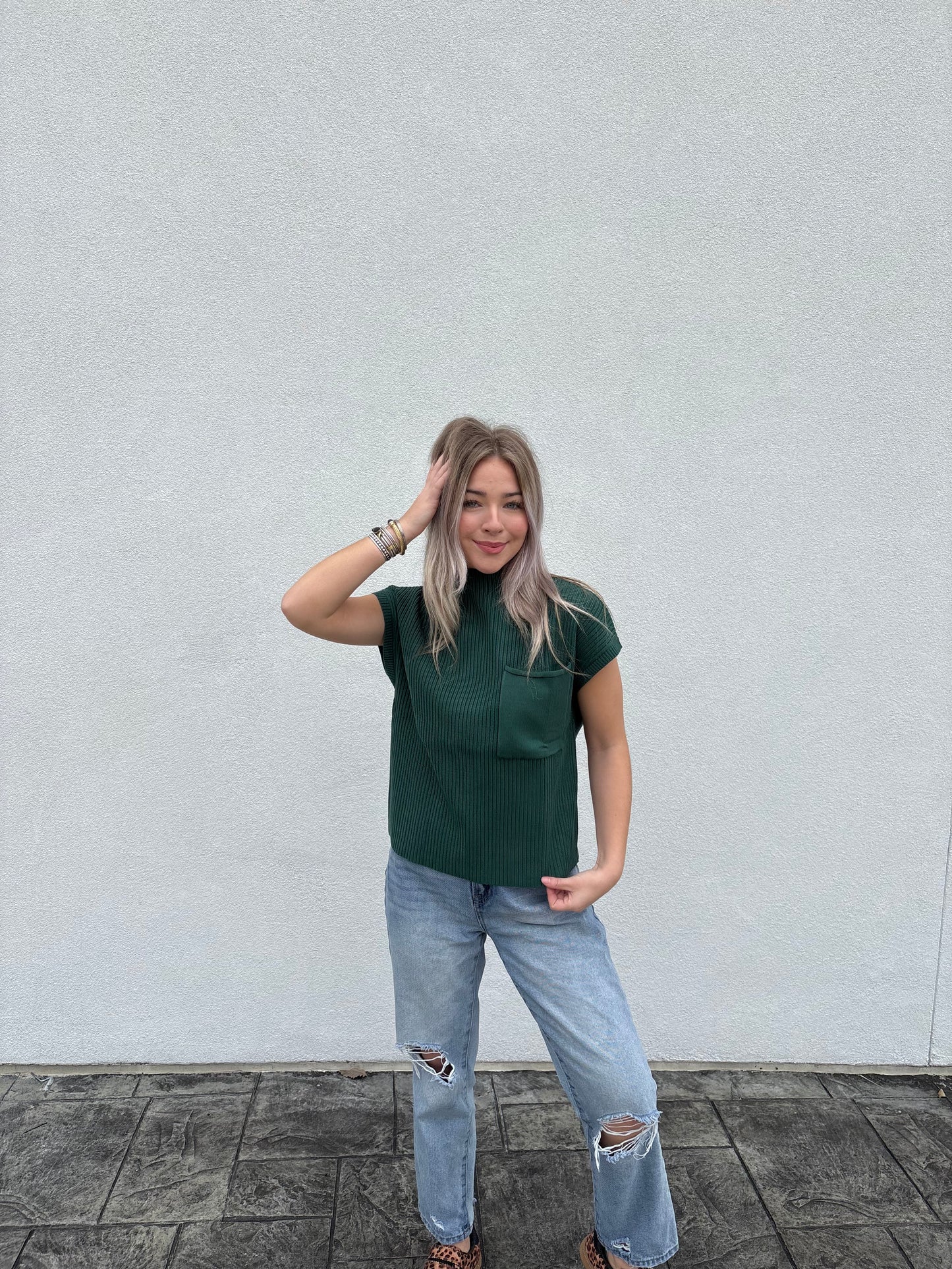 Evergreen Rib Pocket Mock Neck Top