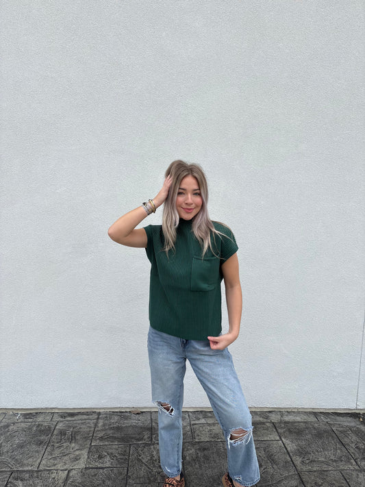 Evergreen Rib Pocket Mock Neck Top