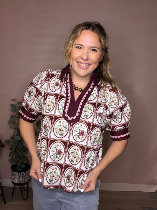 Burgundy Vintage Floral Puff Sleeve Blouse