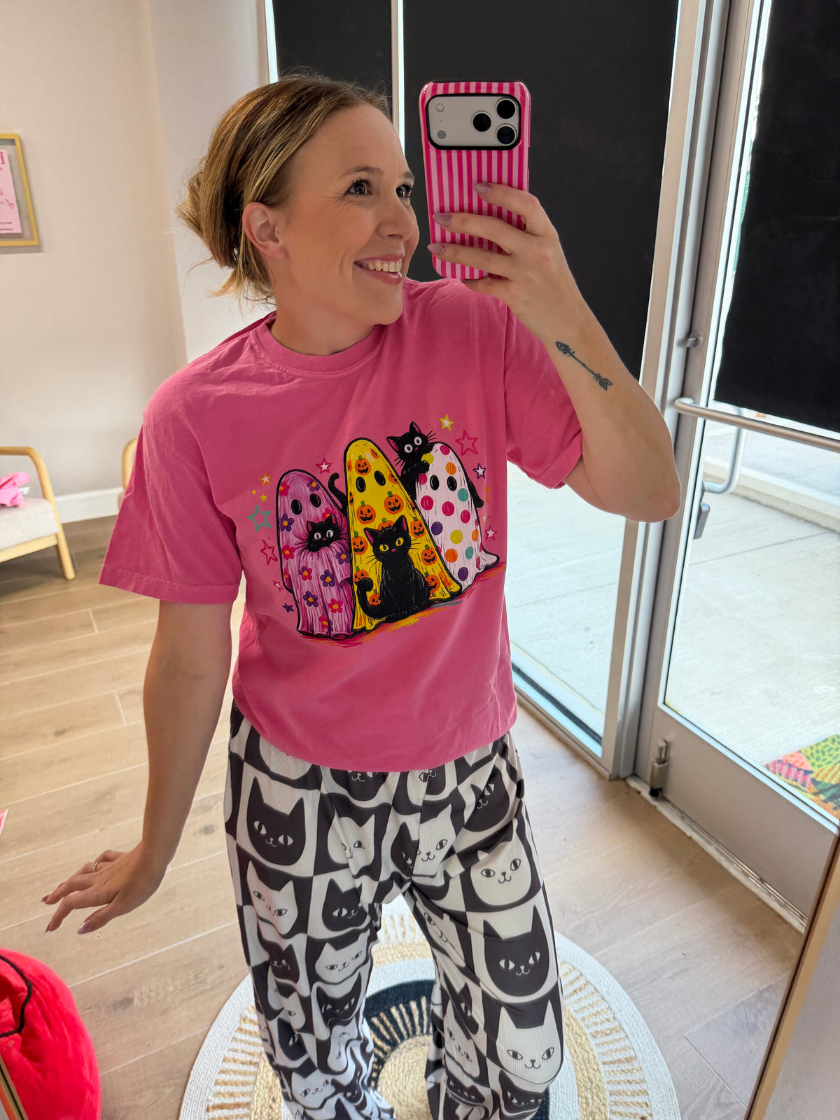 Pink Black Cat & Ghost Halloween Graphic Tee