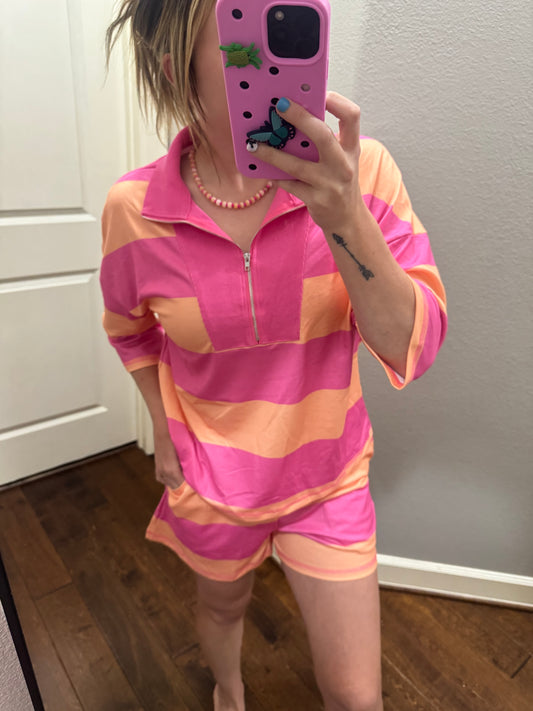 PRE-ORDER Blue & Yellow Striped Half Zip Short Set