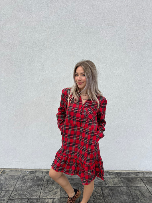 Cozy Christmas Plaid Babydoll Dress