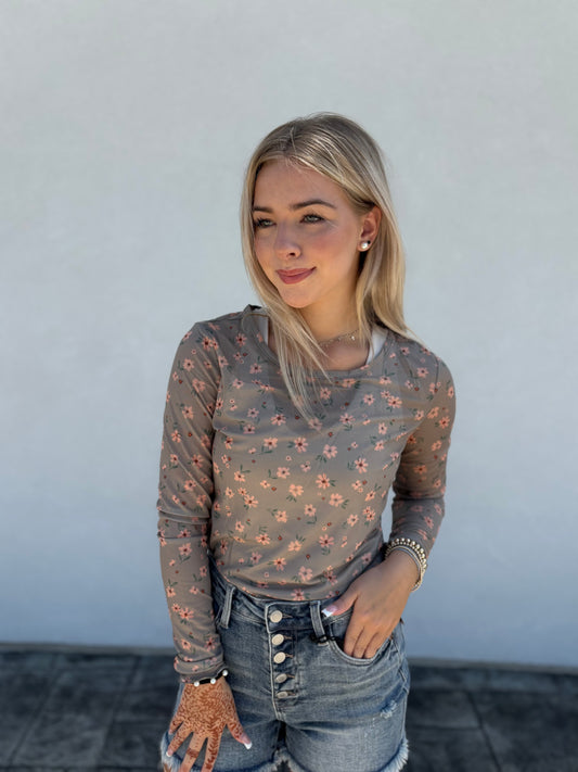 Vintage Green Floral Mesh Top