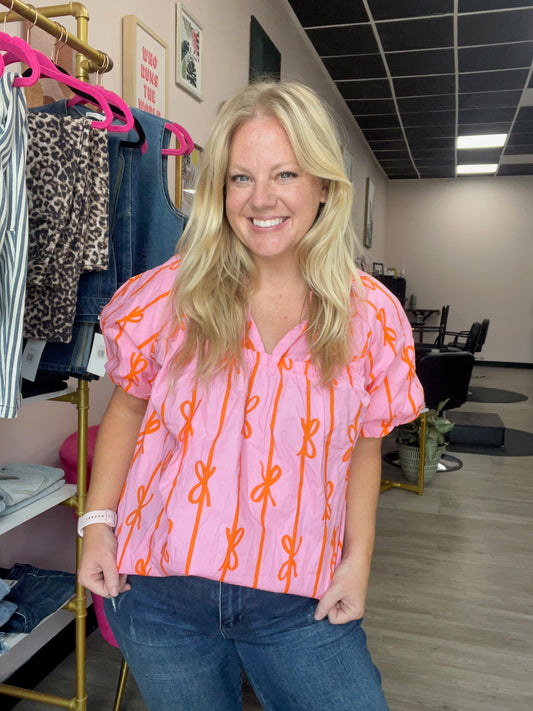 Bow Print Pink & Orange Plus Size Blouse