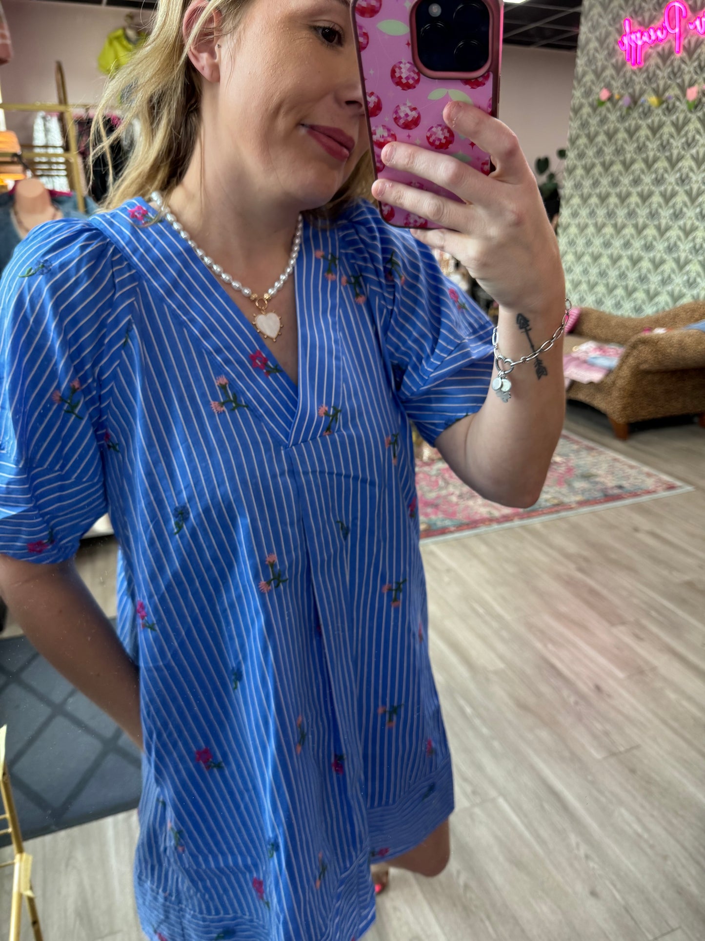 Blue Striped Embroidered Shift Dress