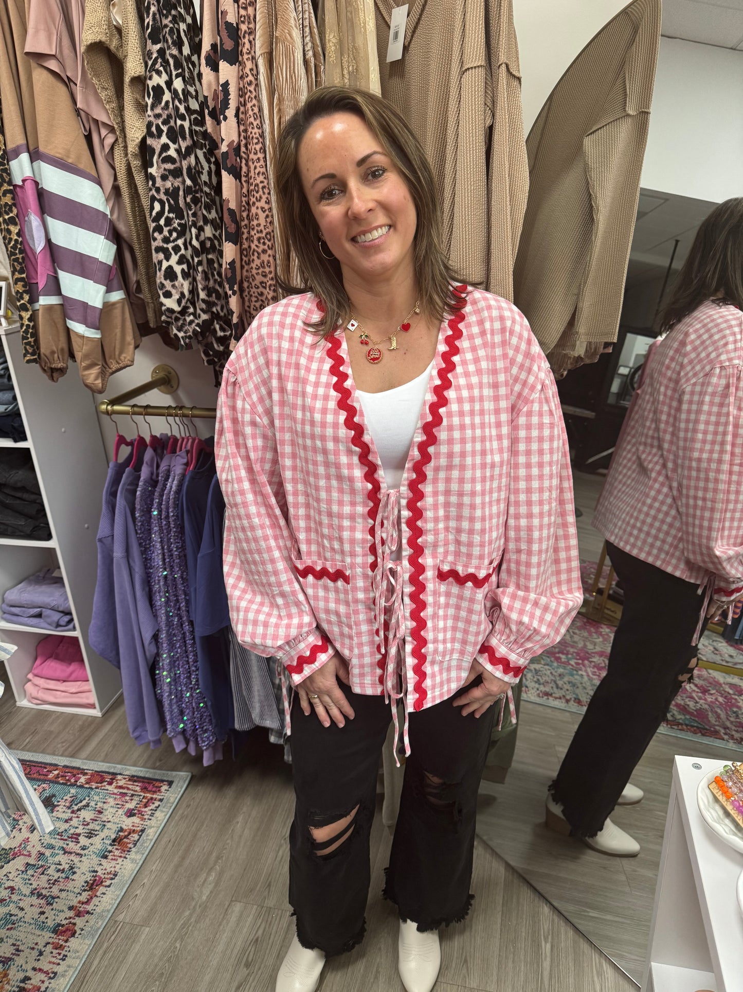 Pink & Red Checkered Front Tie Blouse