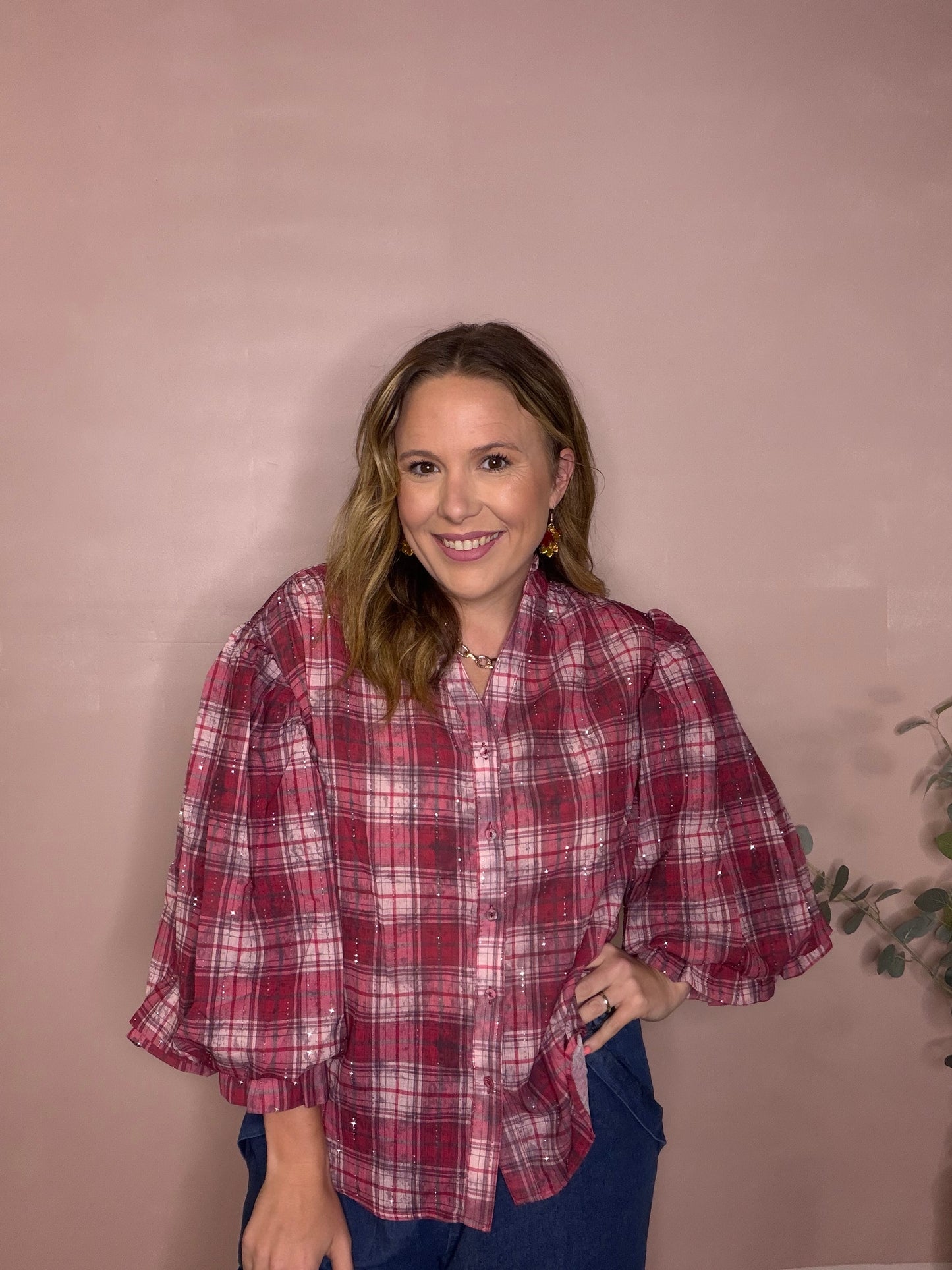 Red Plaid Puff Sleeve Blouse