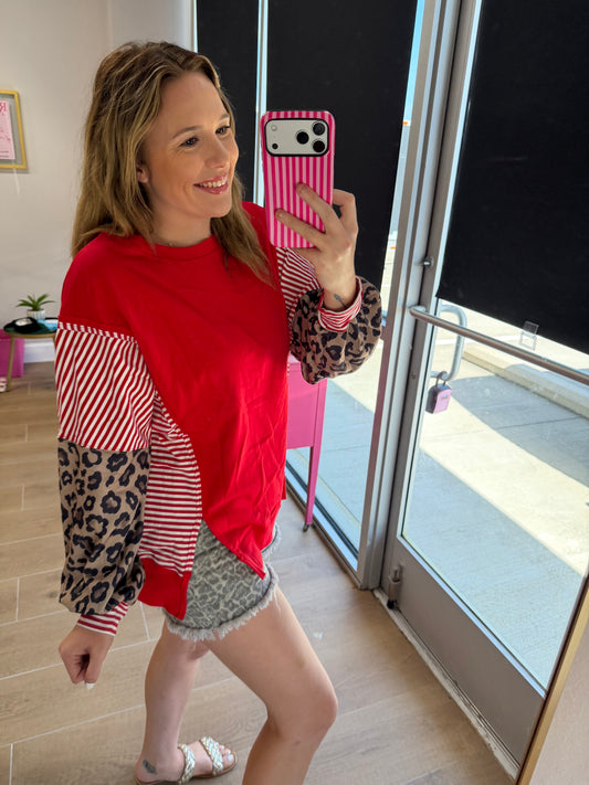 Red Striped Leopard Mixed Print Crewneck Top